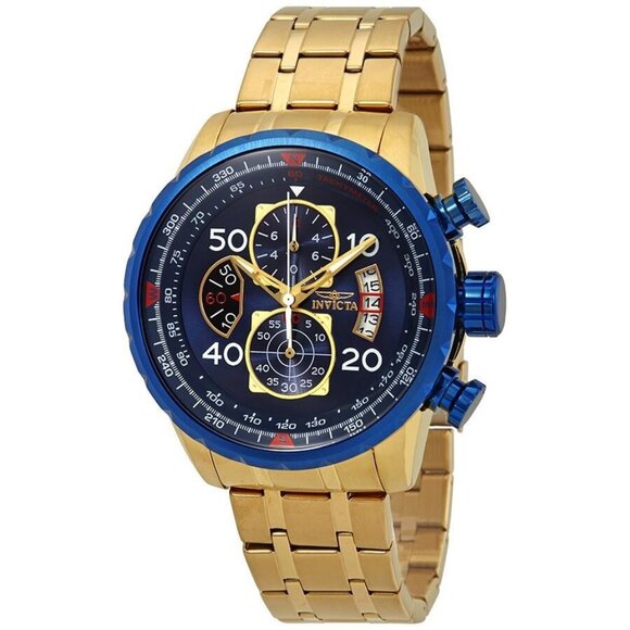 NWT Authentic Invicta Aviator Chronograph Blue Dial 18kt Gold-plated Men's Watch - Picture 1 of 3